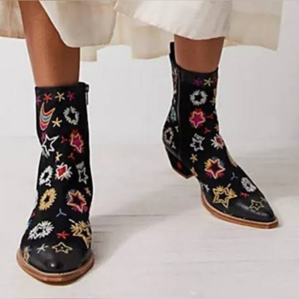 NEW FP Black Suede Celestial Star boho Embroidered Western Festival Ankle Boot - Picture 2 of 12